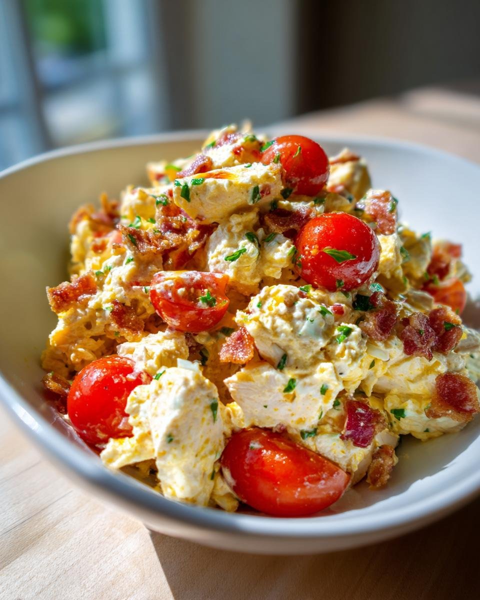 A bowl of creamy BLT Chicken Salad featuring chicken, bacon, lettuce, tomatoes, and a mayonnaise-based dressing.
