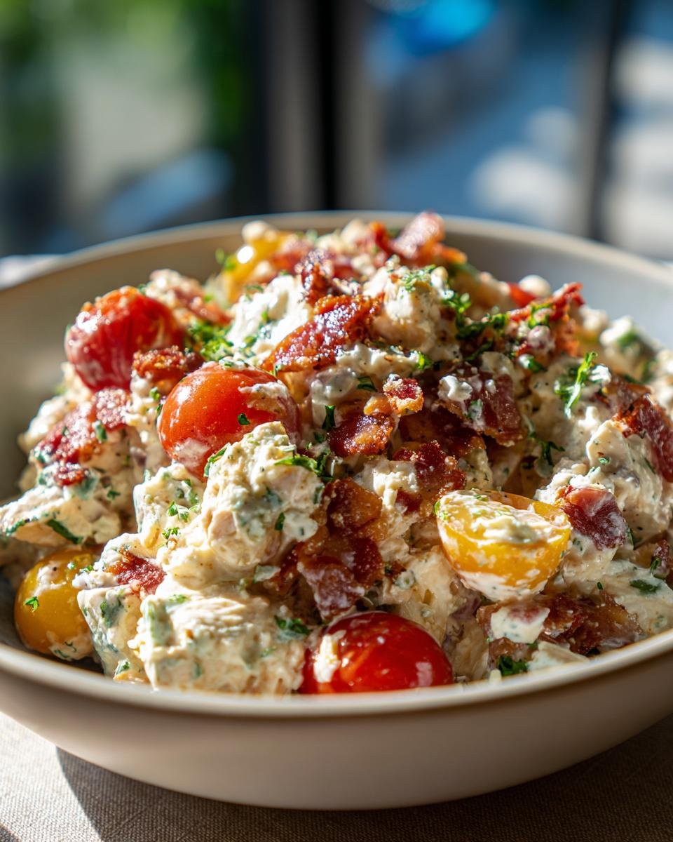 A bowl of creamy BLT Chicken Salad with chicken, bacon, tomatoes, and lettuce.