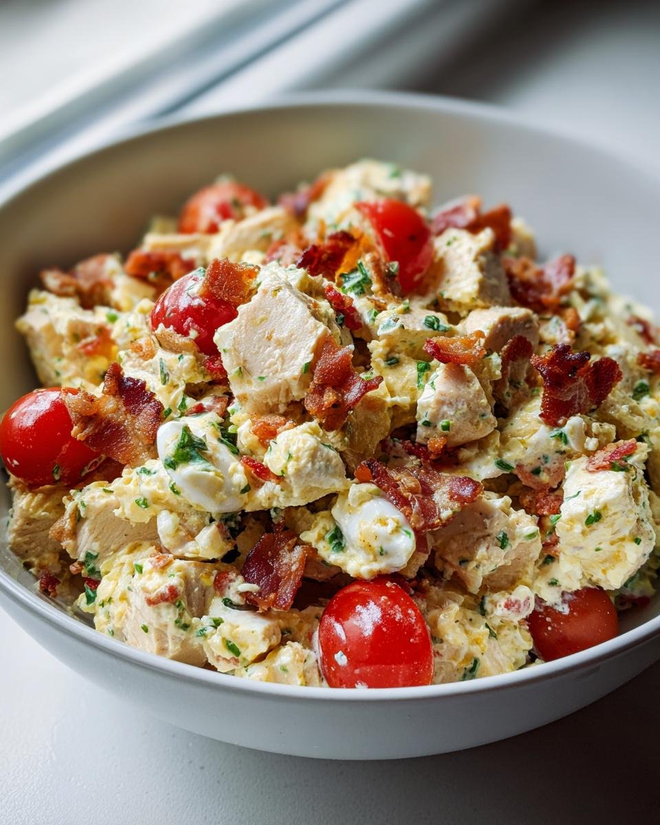 A bowl of BLT Chicken Salad featuring chicken, bacon, tomatoes, and creamy dressing.