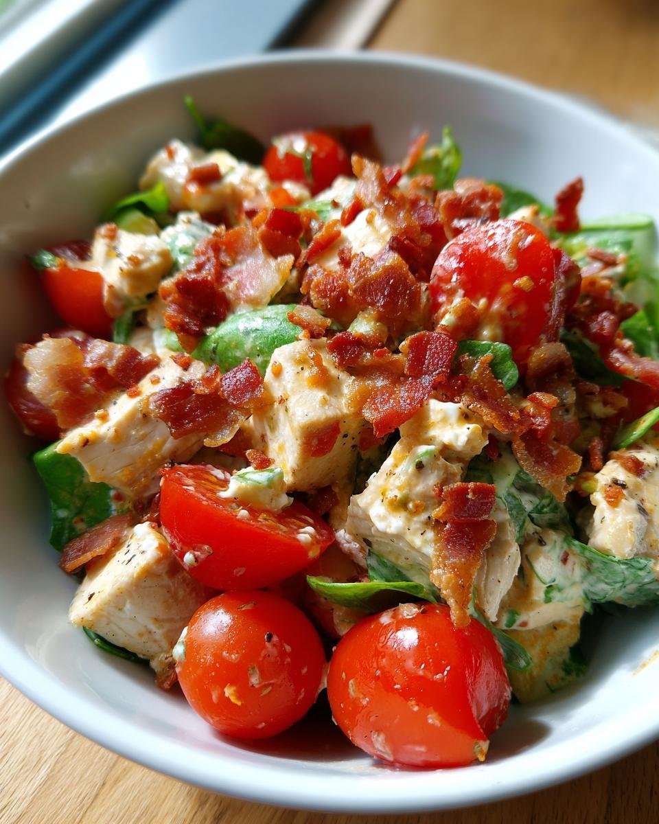 A delicious bowl of BLT Chicken Salad with chicken, bacon, lettuce, and tomatoes.