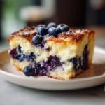 A slice of Blueberry Buttermilk Pancake Casserole topped with fresh blueberries and powdered sugar on a plate.