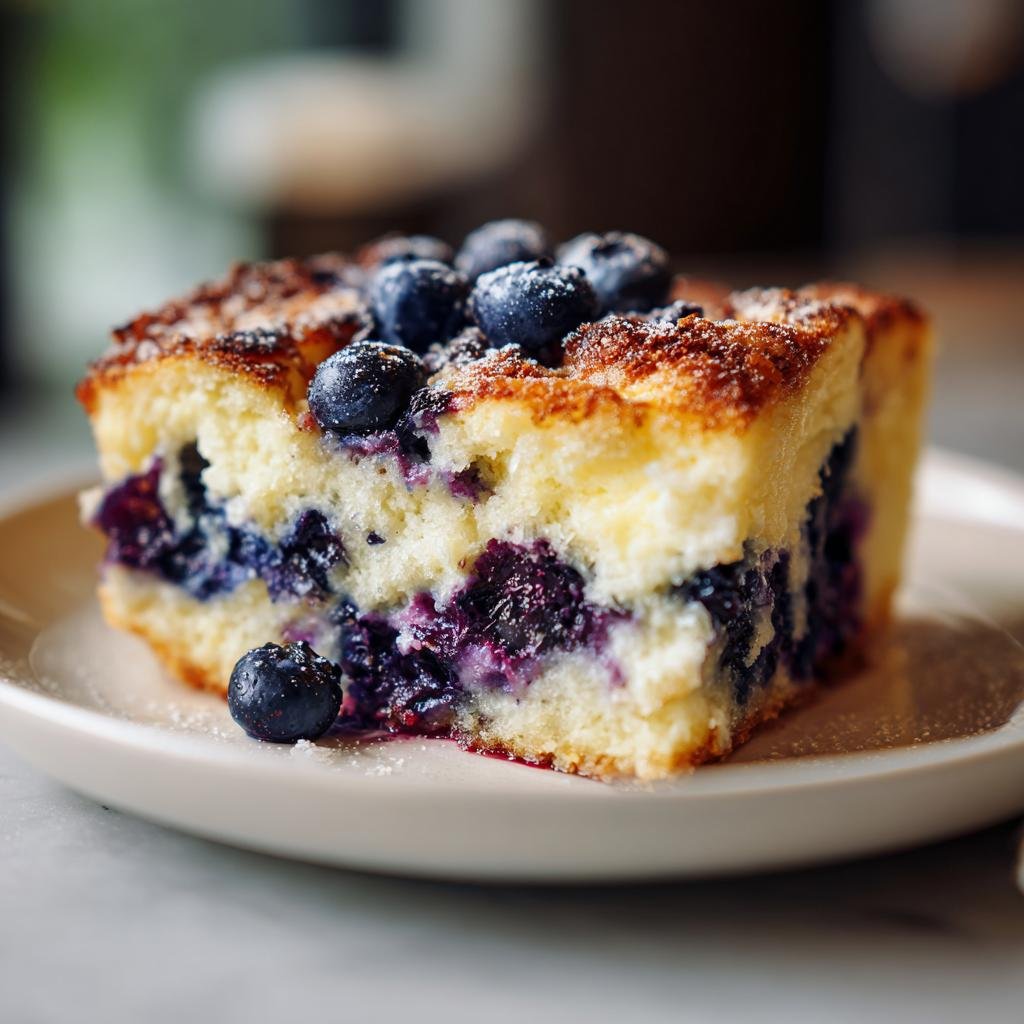 A slice of Blueberry Buttermilk Pancake Casserole topped with fresh blueberries and powdered sugar on a plate.
