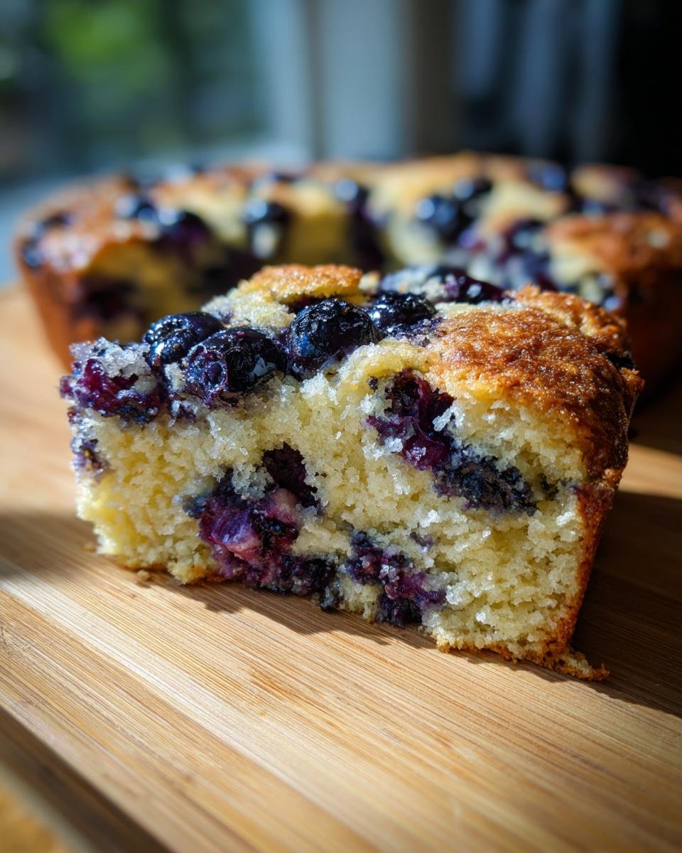 A slice of Blueberry Buttermilk Pancake Casserole on a wooden board, showing blueberries and fluffy texture.