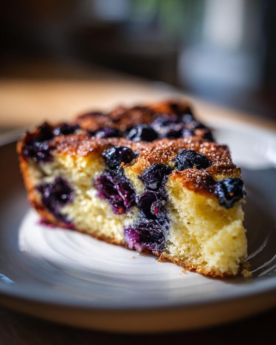 A delicious slice of Blueberry Buttermilk Pancake Casserole, showcasing blueberries and a golden crust.