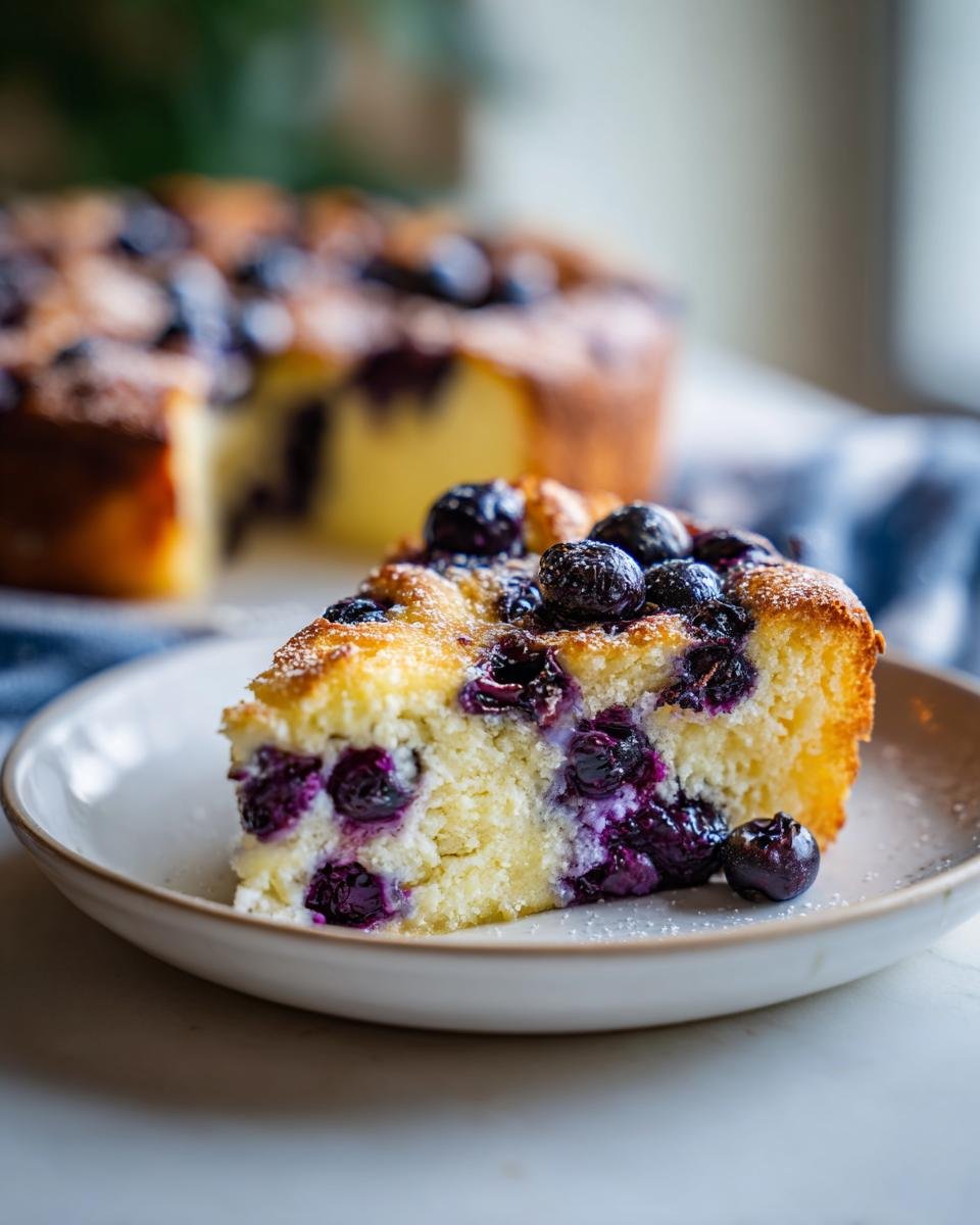 A slice of Blueberry Buttermilk Pancake Casserole on a plate, topped with fresh blueberries and powdered sugar.