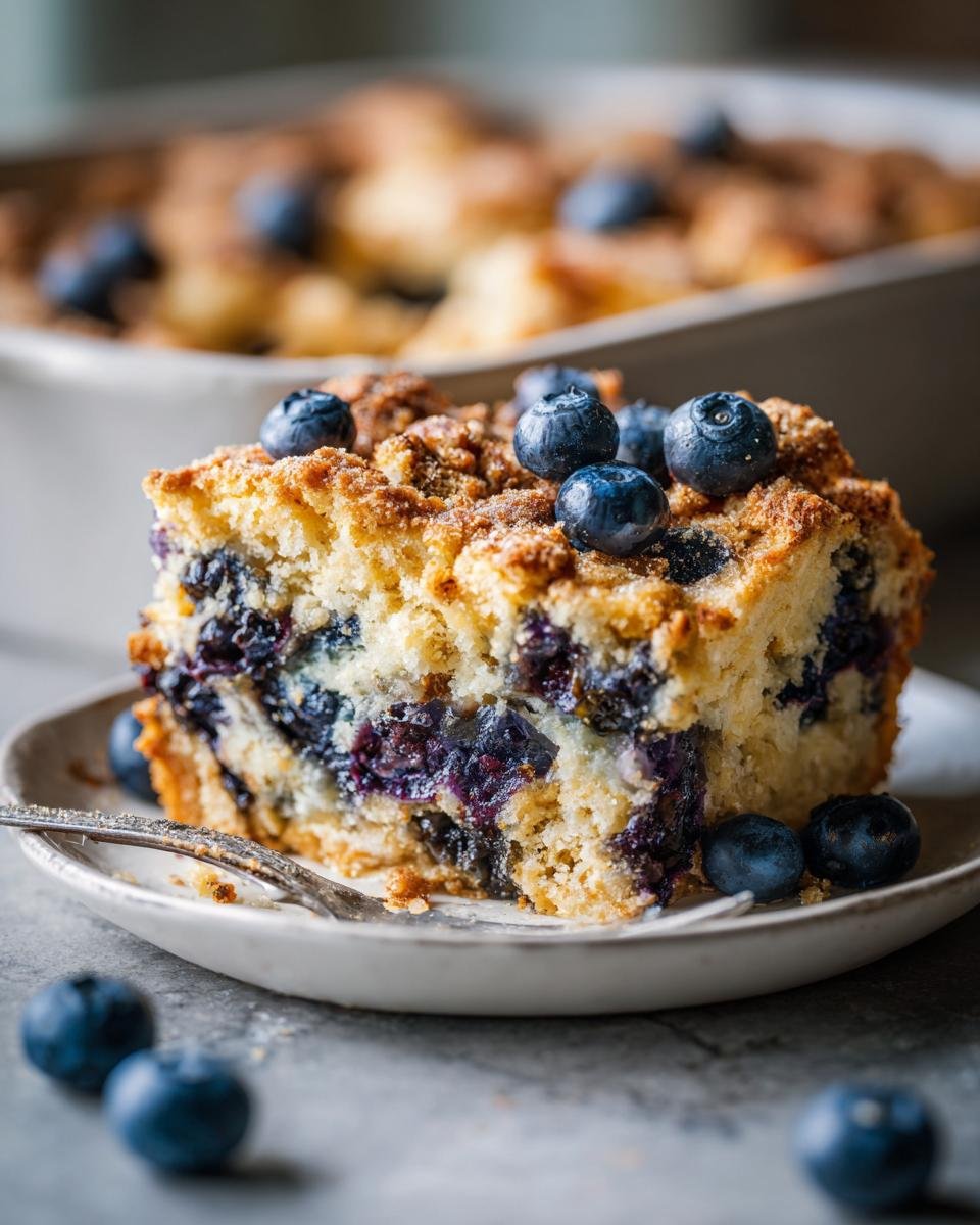 A slice of Blueberry Buttermilk Pancake Casserole on a plate, topped with fresh blueberries.