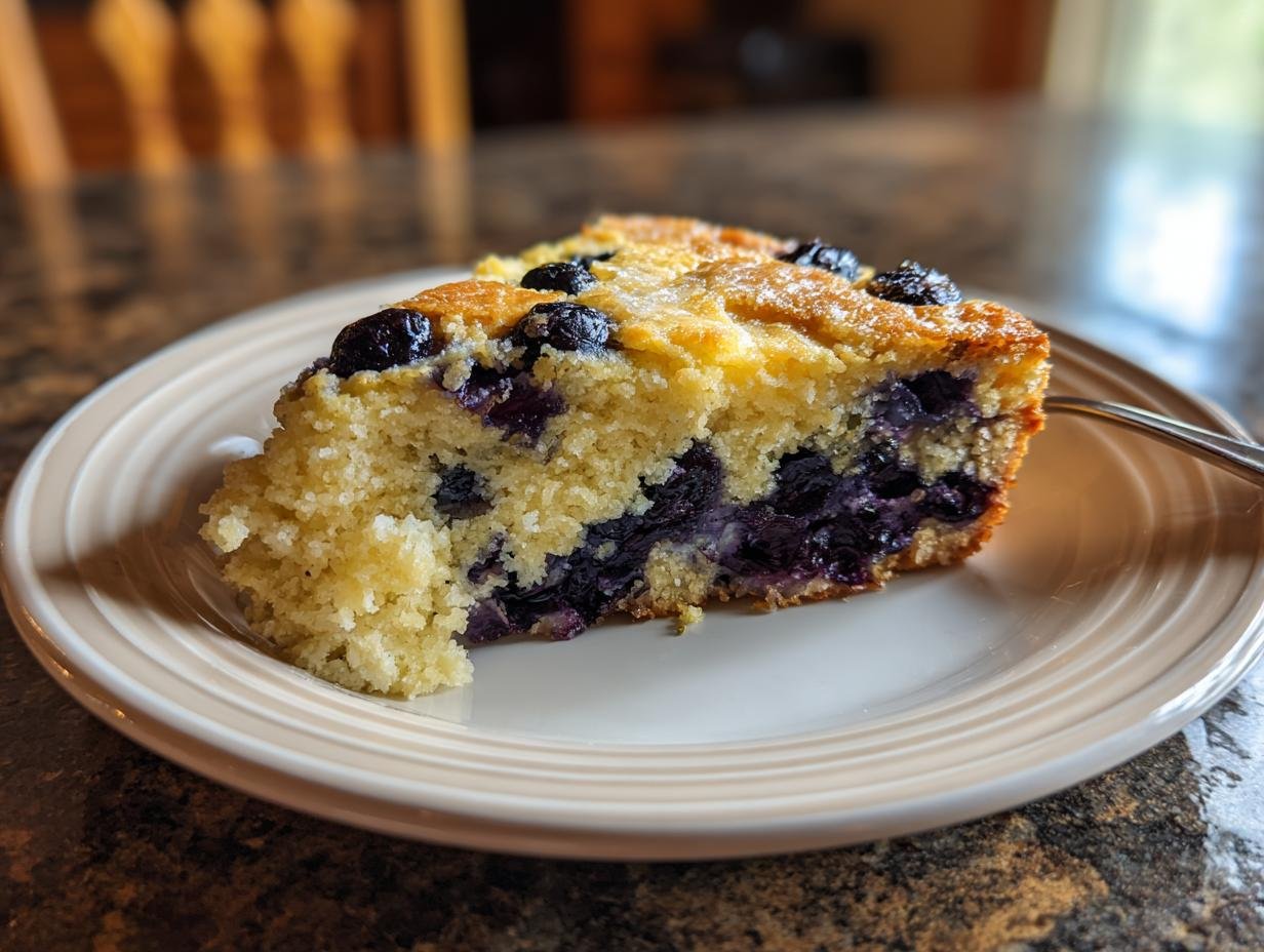 A slice of Blueberry Buttermilk Pancake Casserole on a plate, showcasing the blueberries and fluffy texture.