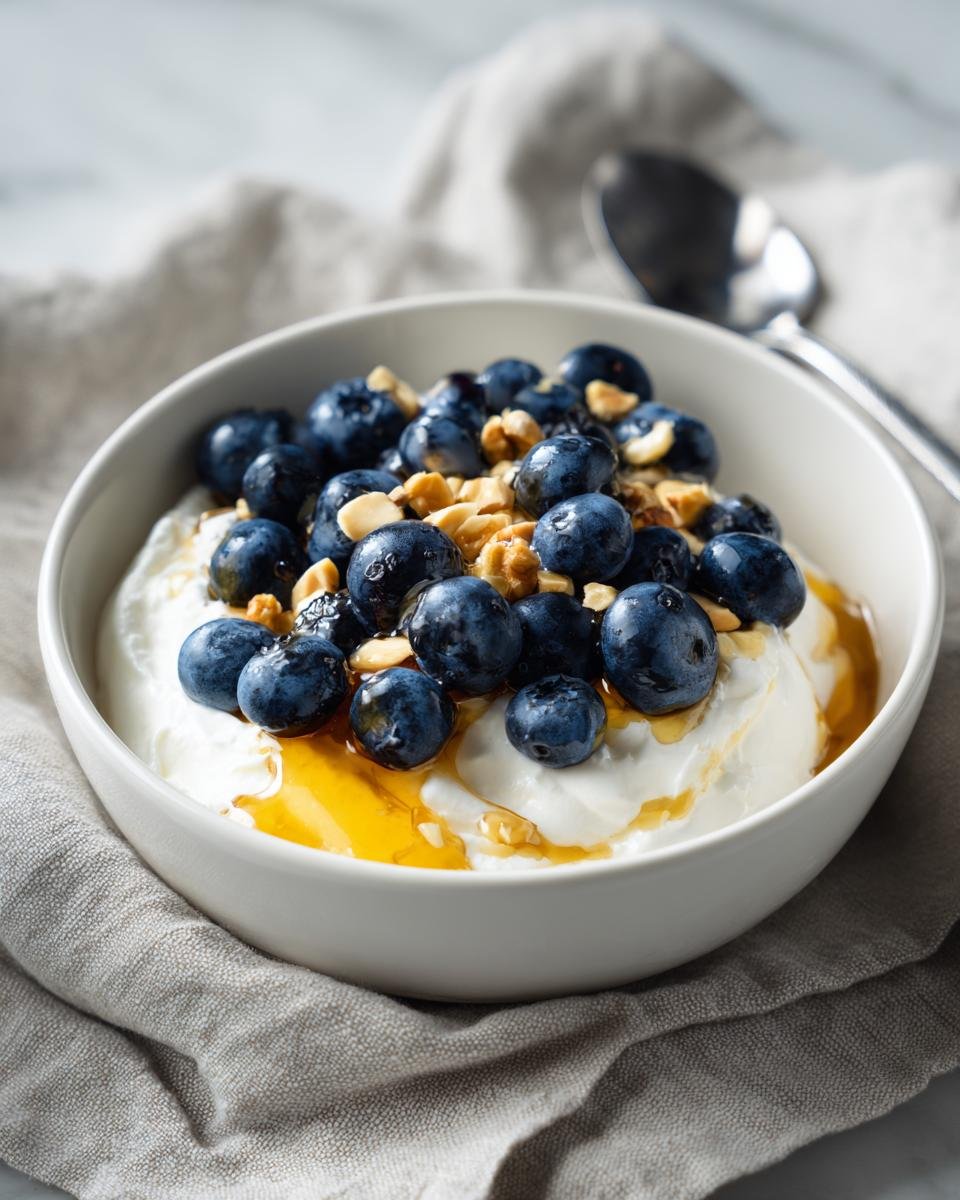 A bowl of Blueberry Cottage Cheese Breakfast with fresh blueberries, nuts, and honey drizzle.