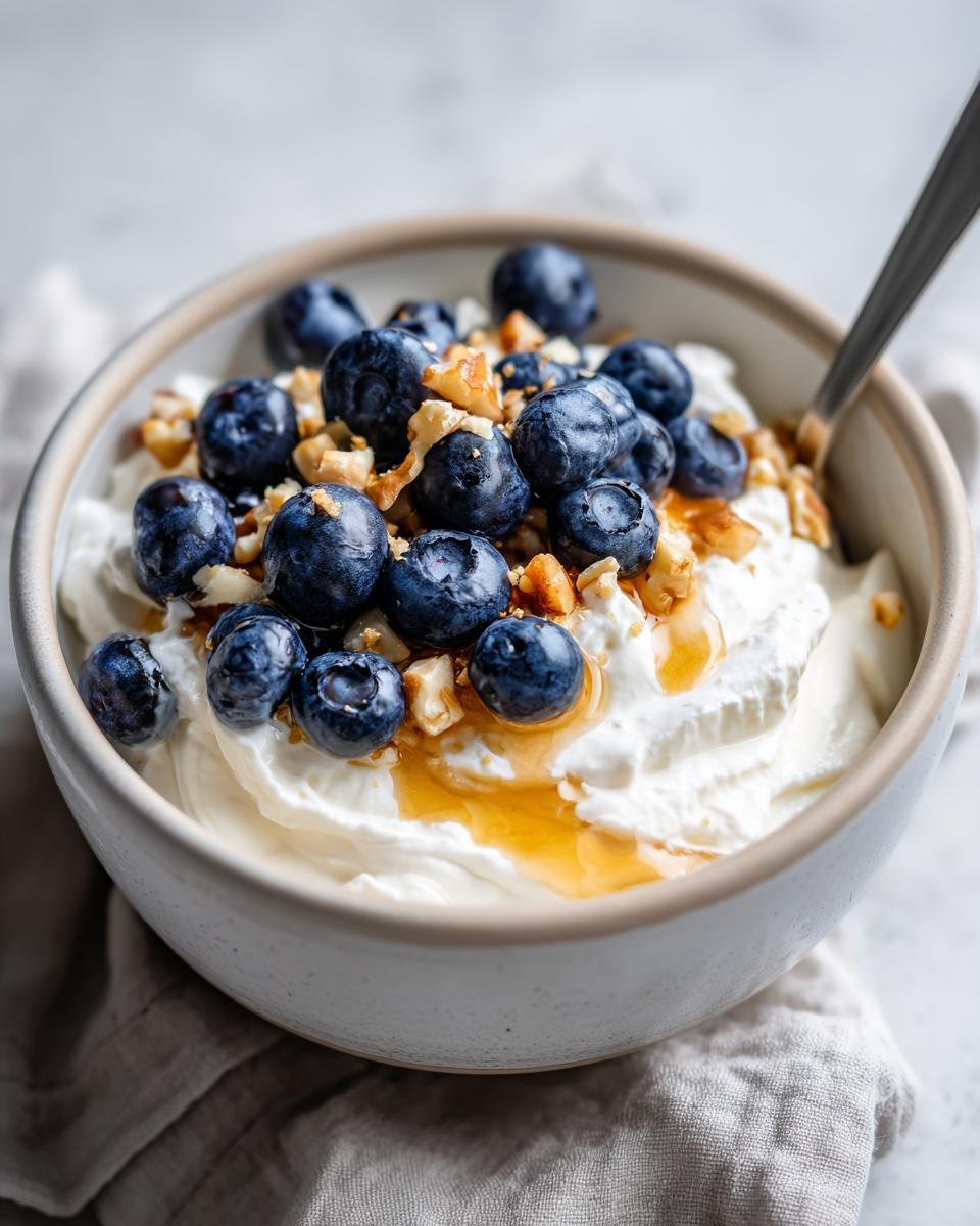 A bowl of Blueberry Cottage Cheese Breakfast with blueberries, nuts, and a drizzle of honey.