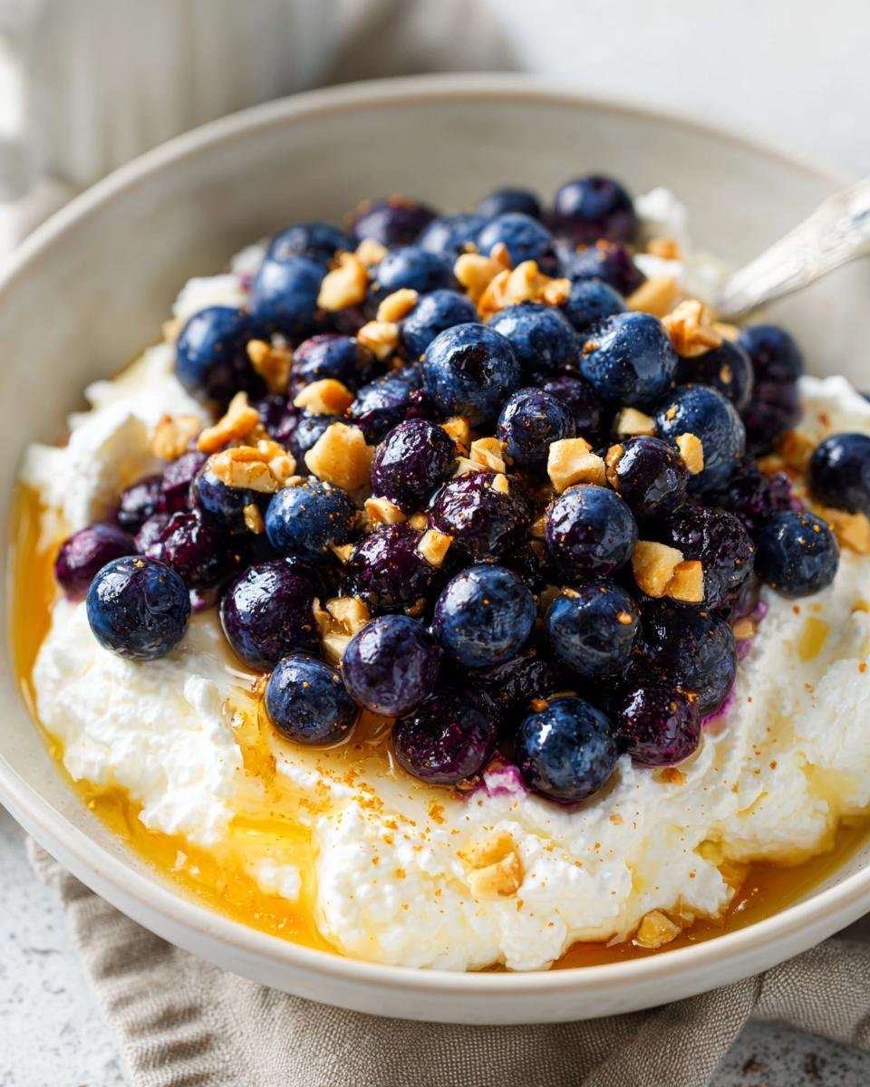 A bowl of Blueberry Cottage Cheese Breakfast with fresh blueberries, cottage cheese, nuts, and a drizzle of honey.