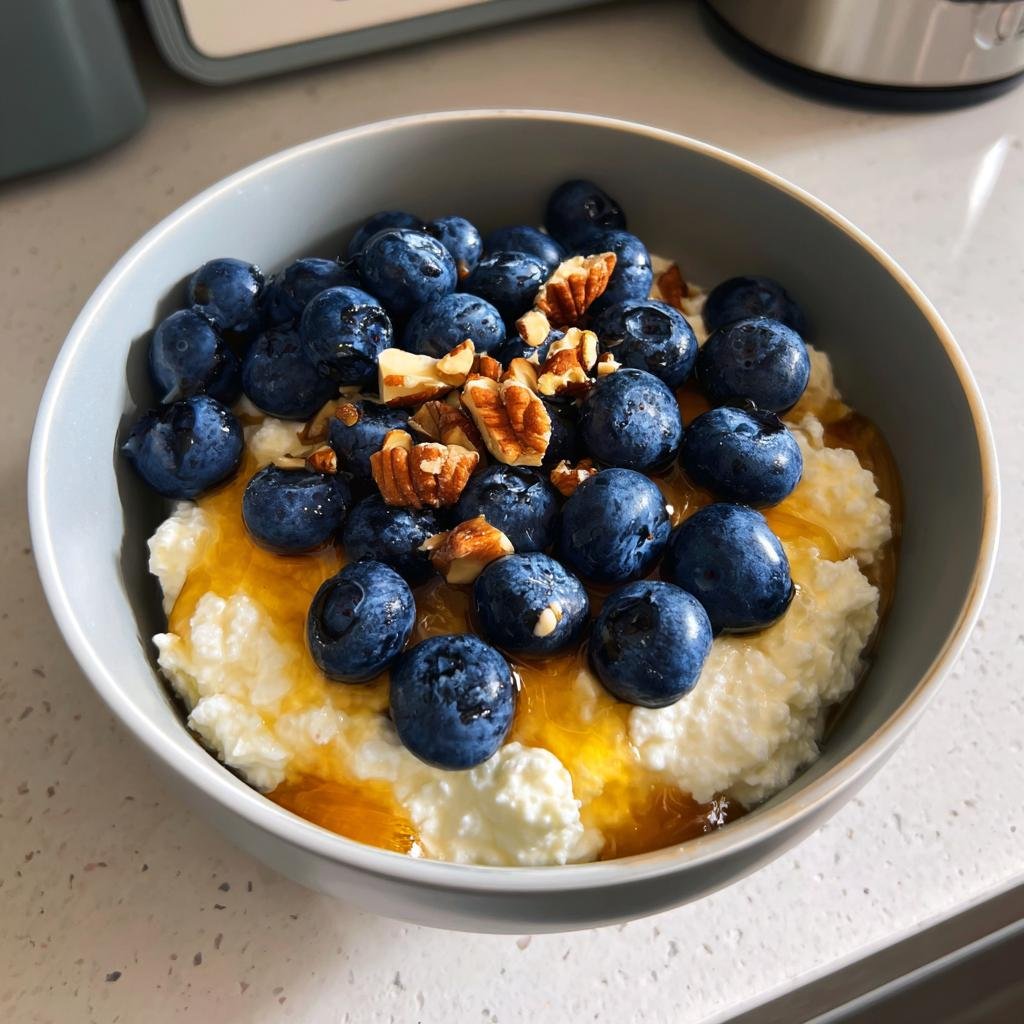 A bowl of blueberry cottage cheese breakfast with honey and chopped nuts on a white counter.