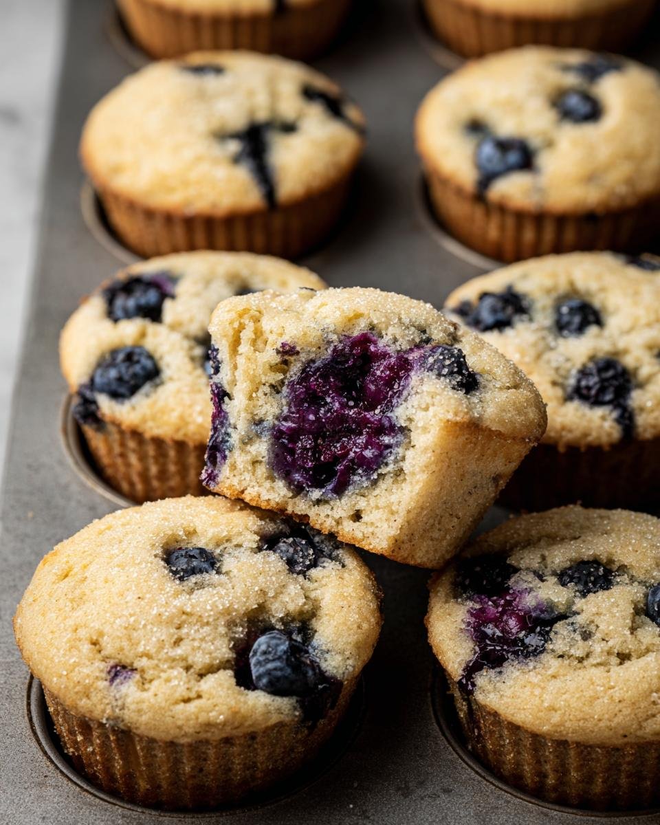 Close-up of blueberry protein muffins in a muffin tin, one muffin broken open to show blueberries inside.