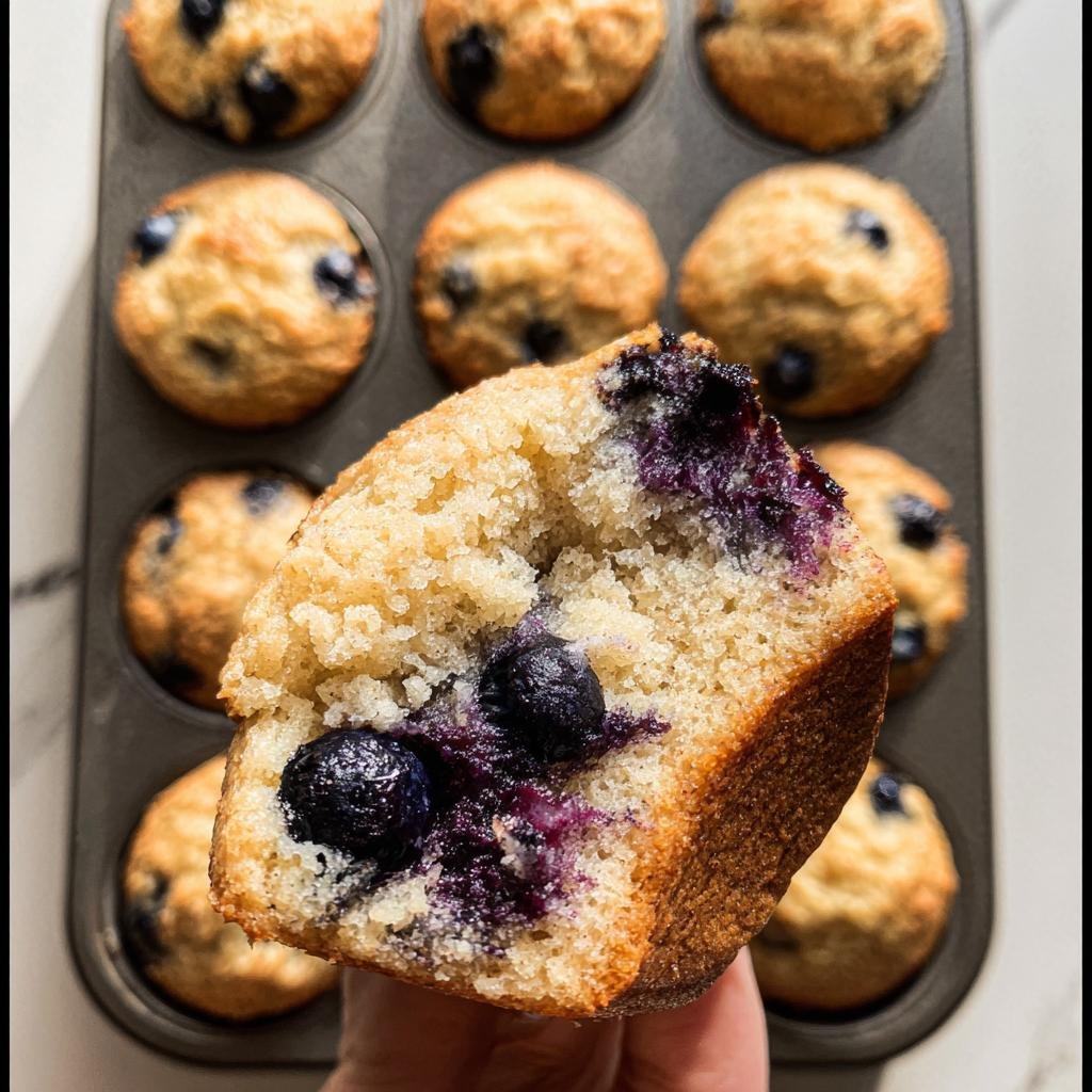 A halved Blueberry Protein Muffin shows the moist interior and juicy blueberries, with more muffins in the background.