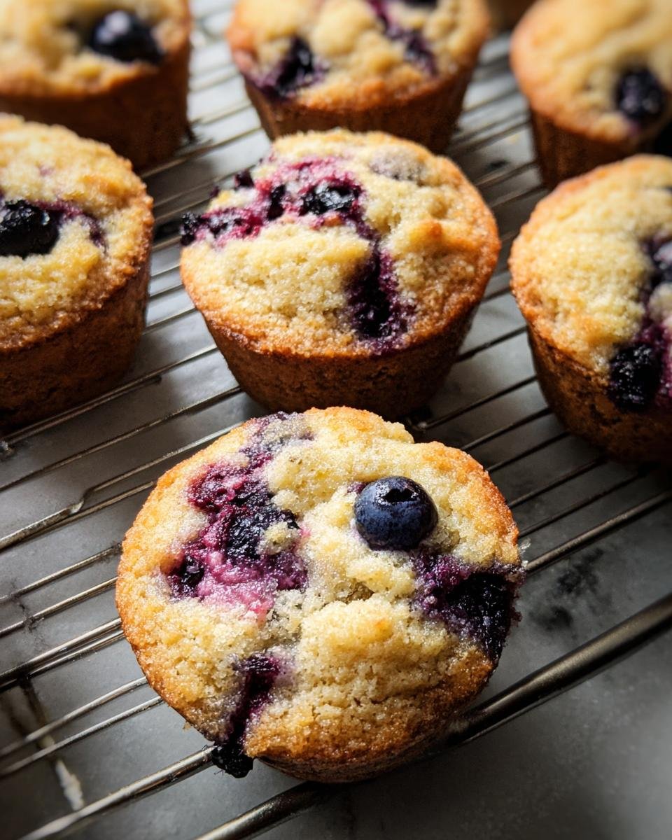 Close-up of freshly baked Blueberry Protein Muffins cooling on a wire rack, showcasing the blueberries.