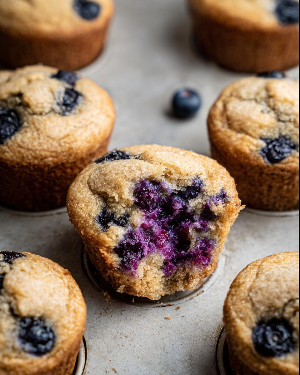 Close-up of Blueberry Protein Muffins, one with a bite taken out, revealing the blueberries inside.