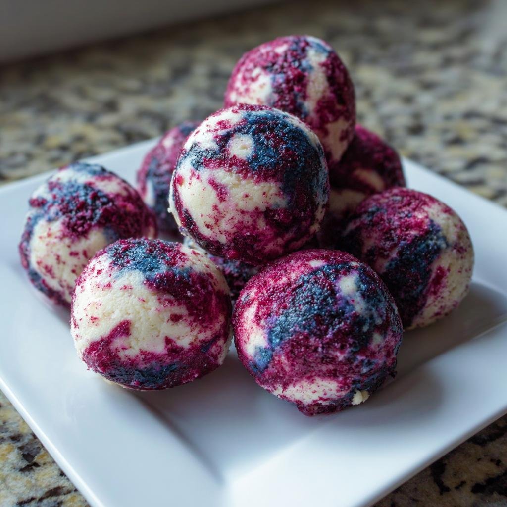A stack of homemade BLUEBERRY SWIRL YOGURT BITES on a white plate, showcasing the blueberry swirl pattern.