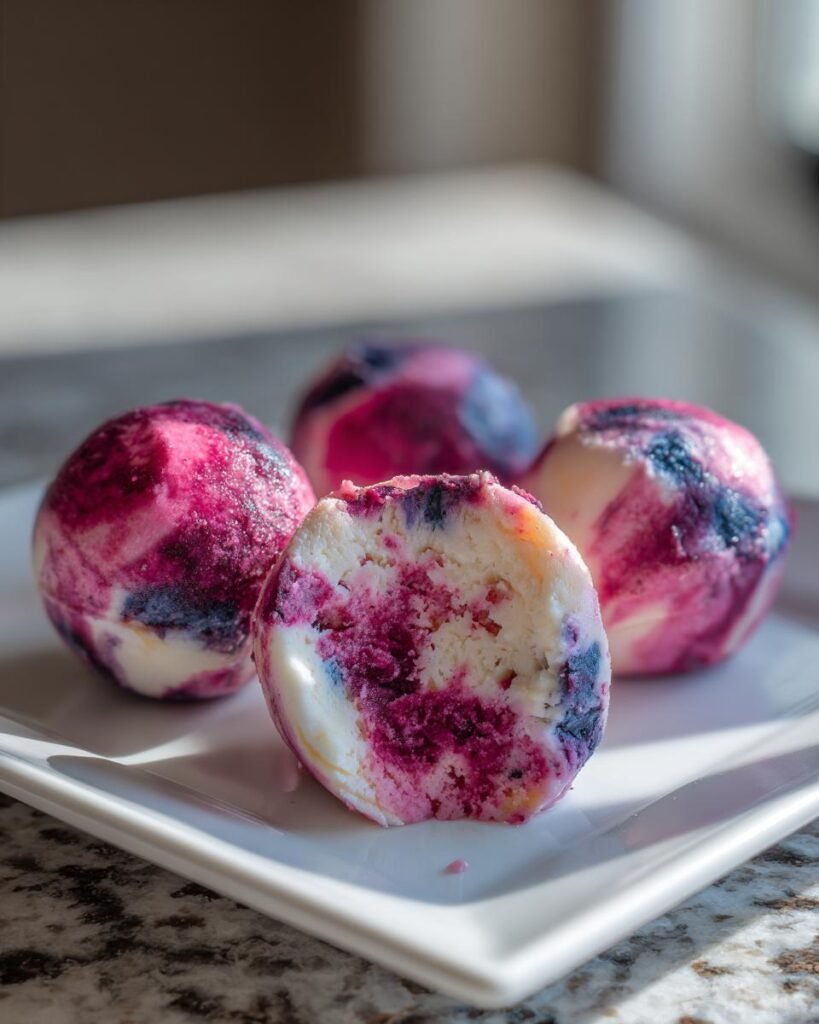 Close-up of Blueberry Swirl Yogurt Bites on a white plate, one cut in half to show the swirl.
