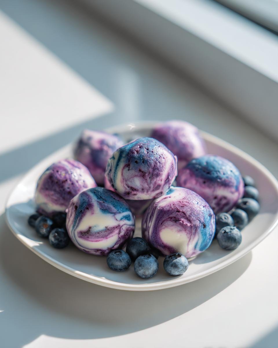 A plate of homemade BLUEBERRY SWIRL YOGURT BITES, swirled with blue and purple, surrounded by fresh blueberries.