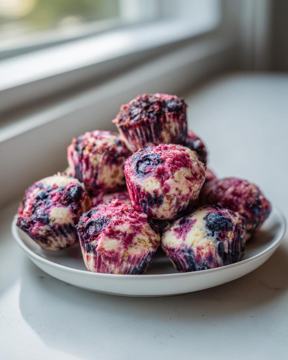 A stack of homemade BLUEBERRY SWIRL YOGURT BITES on a white plate, showing the blueberry swirl pattern.