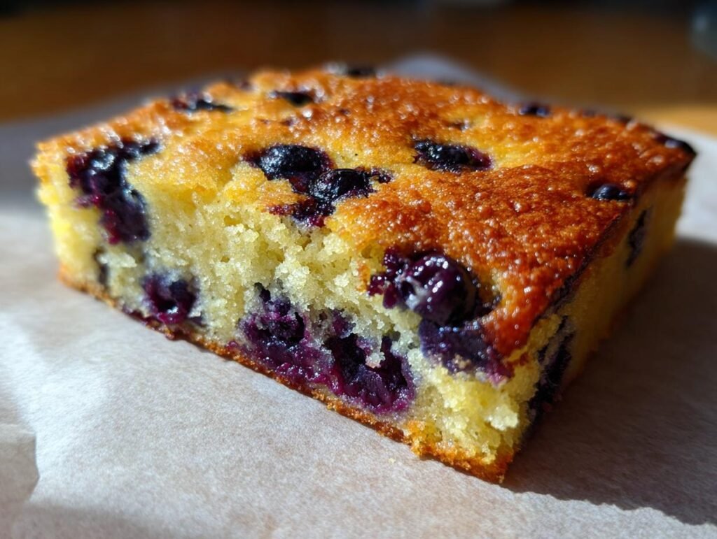 A close-up of a single slice of Blueberry Zucchini Bars, showcasing the blueberries and moist texture.