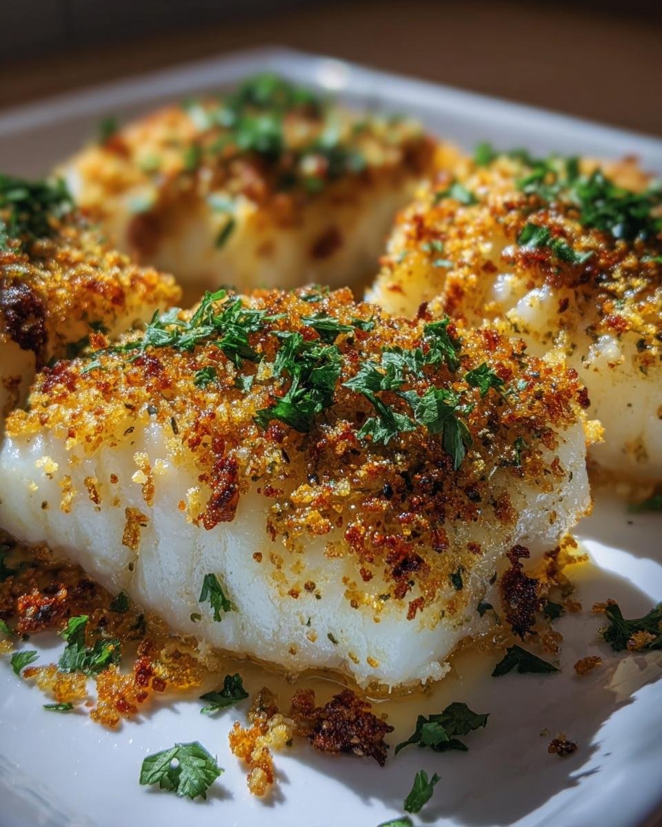 Close-up of Boston Baked Cod fillets topped with golden breadcrumbs and fresh parsley on a white plate.