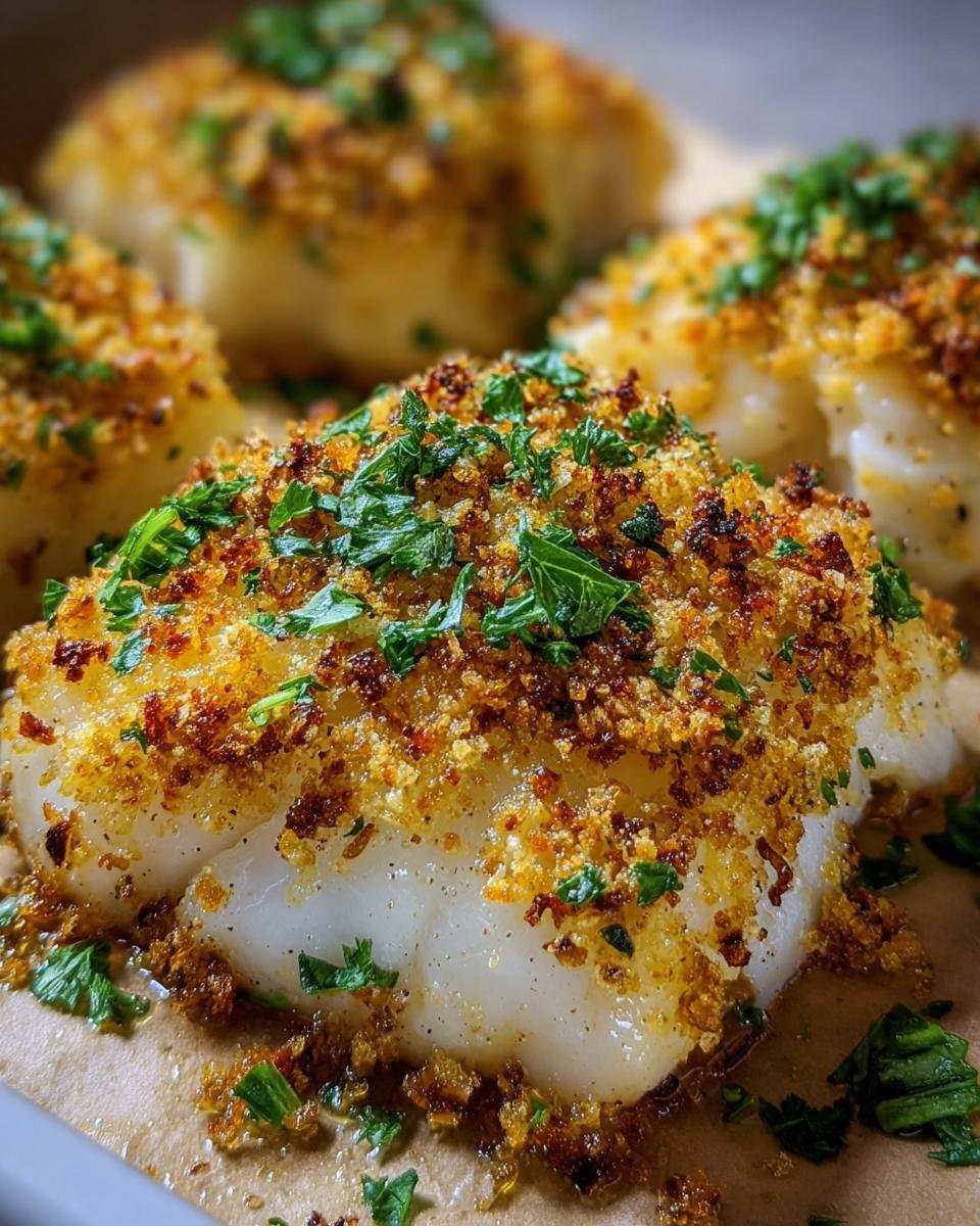 Close-up of Boston Baked Cod fillets with golden breadcrumbs and parsley garnish.