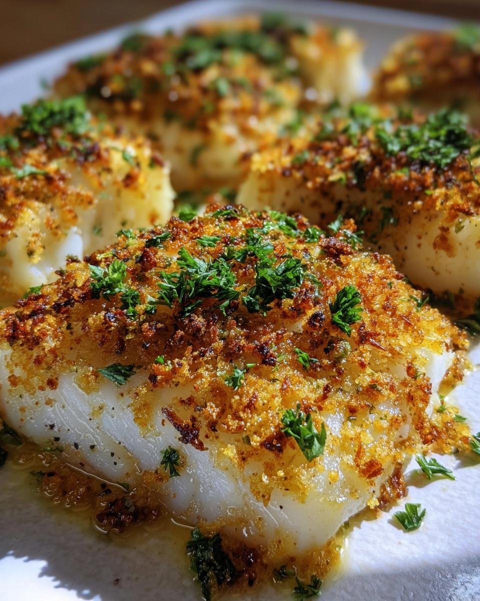 Close-up of Boston Baked Cod topped with golden breadcrumbs and fresh parsley.