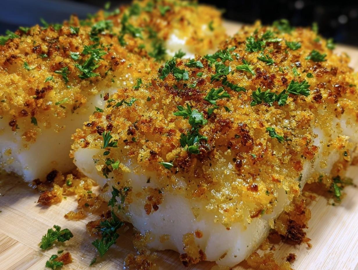 Close-up of Boston Baked Cod fillets with a golden, crispy topping and fresh parsley garnish.