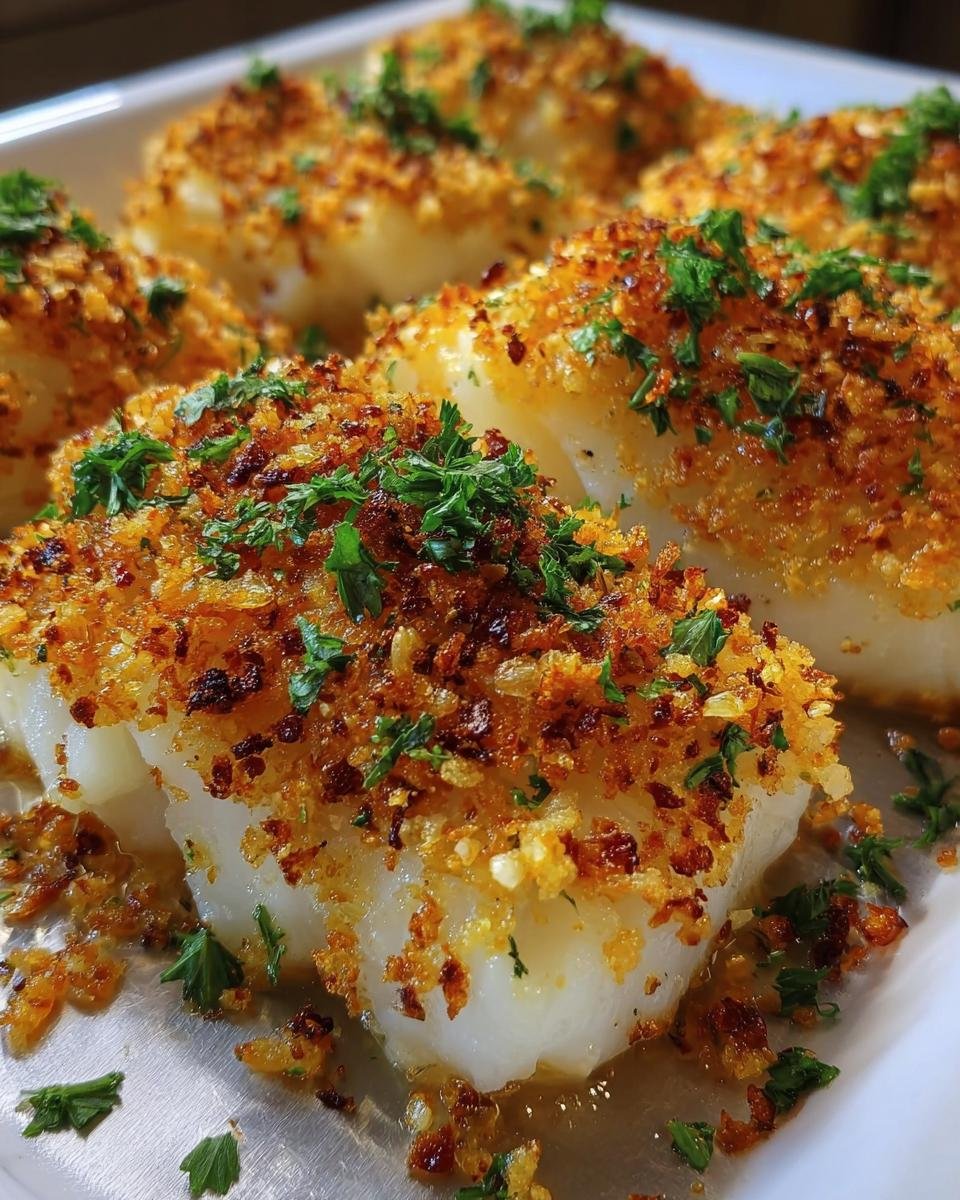 Close-up of Boston Baked Cod with a golden, crispy topping and parsley garnish.
