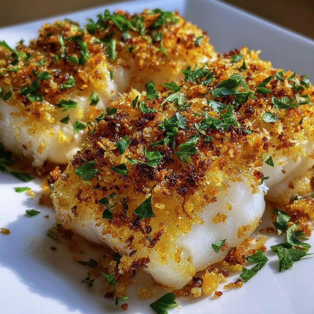 Two pieces of Boston Baked Cod topped with golden brown breadcrumbs and fresh parsley on a white plate.