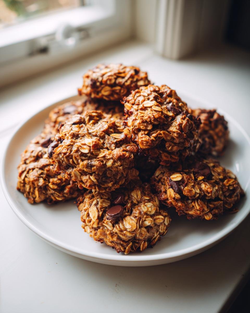 A stack of homemade Breakfast Cookies with oats and chocolate chips on a white plate.