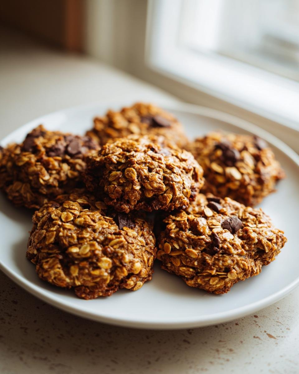 A plate of homemade Breakfast Cookies with oats and chocolate chips, ready to eat.