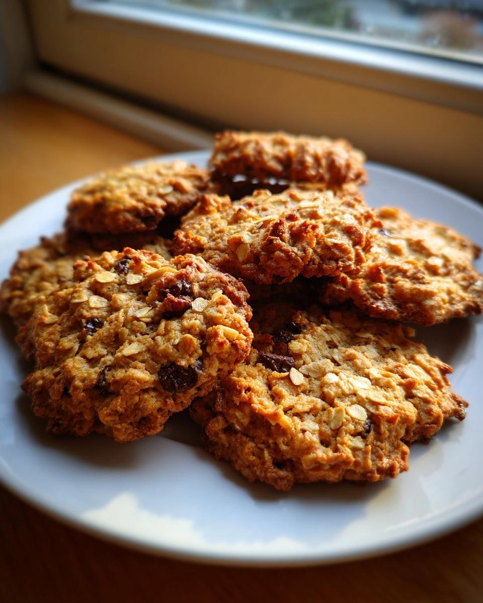A plate of freshly baked Breakfast Cookies with oats and raisins, ready to enjoy.