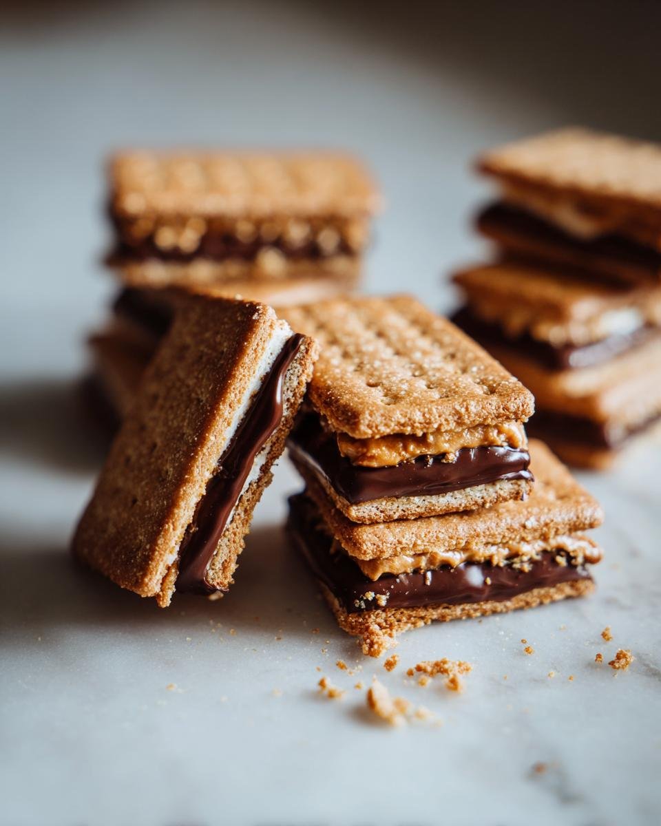 A stack of Buckeye Graham Crackers, featuring layers of graham crackers, peanut butter, and chocolate filling.