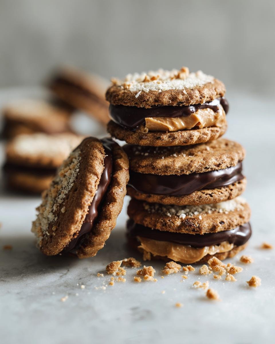 A stack of homemade Buckeye Graham Crackers featuring chocolate and peanut butter filling.