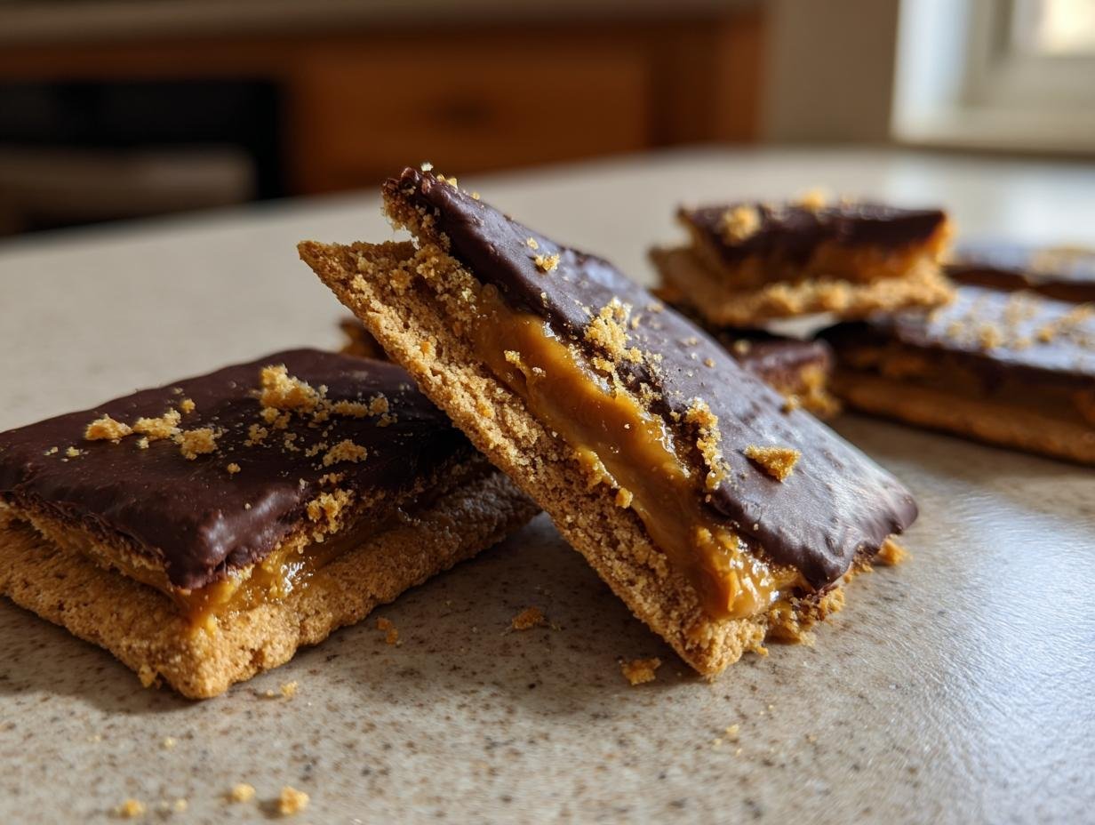 Close-up of Buckeye Graham Crackers featuring chocolate topping and peanut butter filling.