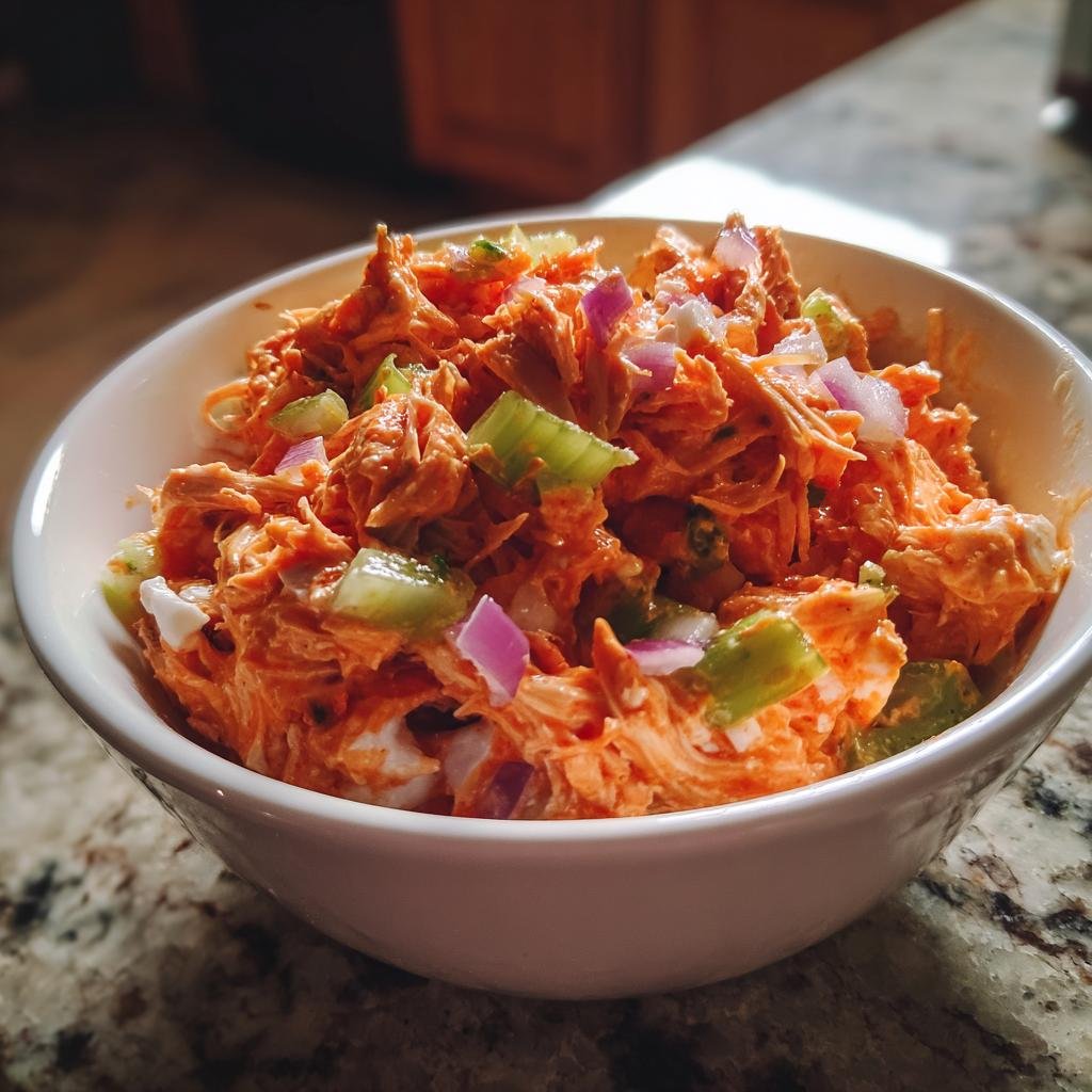 A bowl of Buffalo Chicken Salad with shredded chicken, celery, and red onion on a marble countertop.