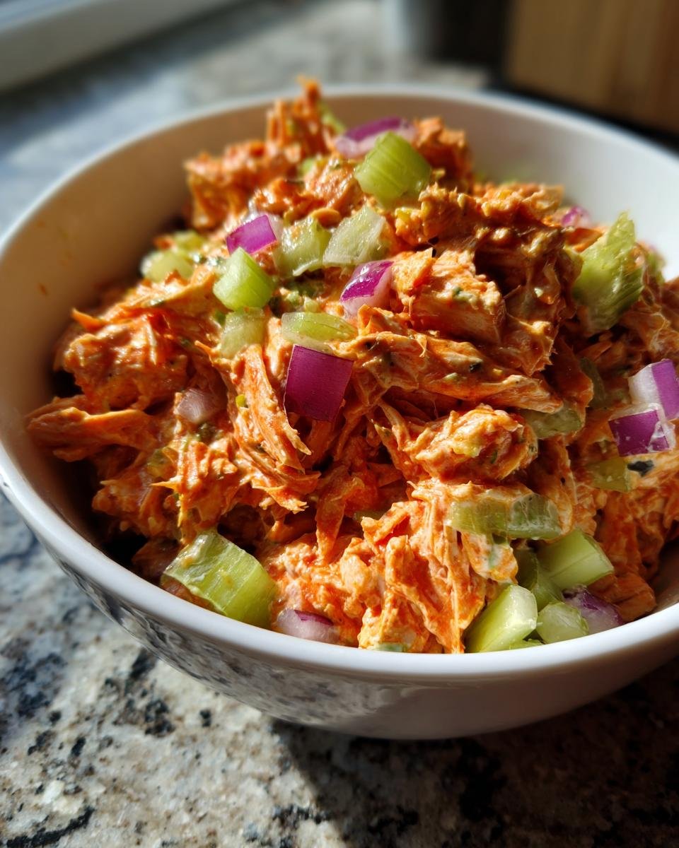 Close-up of Buffalo Chicken Salad in a white bowl, featuring chicken, celery, and red onion.