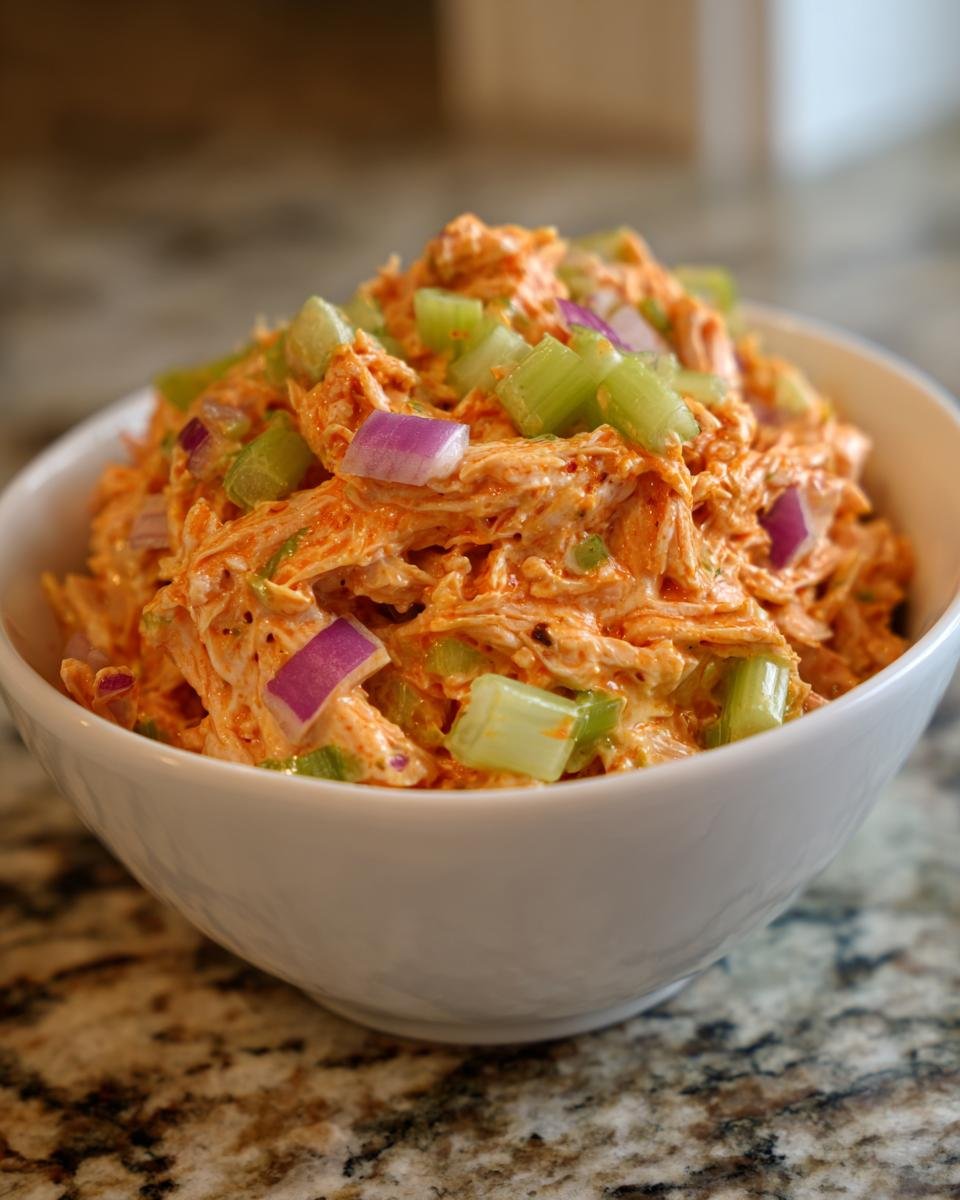 A bowl of Buffalo Chicken Salad with shredded chicken, celery, and red onion in a creamy buffalo sauce.