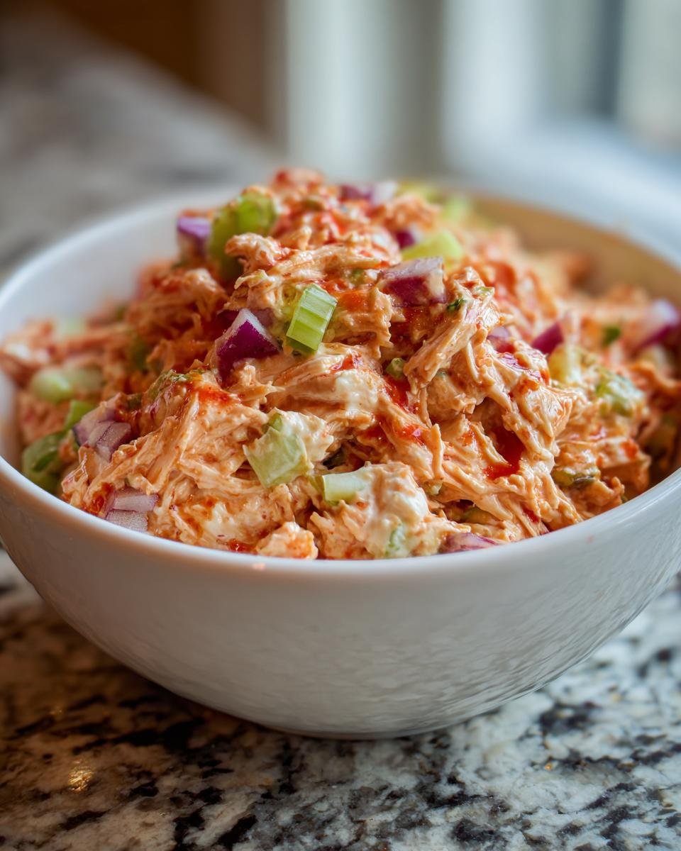 A bowl of Buffalo Chicken Salad with shredded chicken, celery, and red onion in a creamy buffalo sauce.