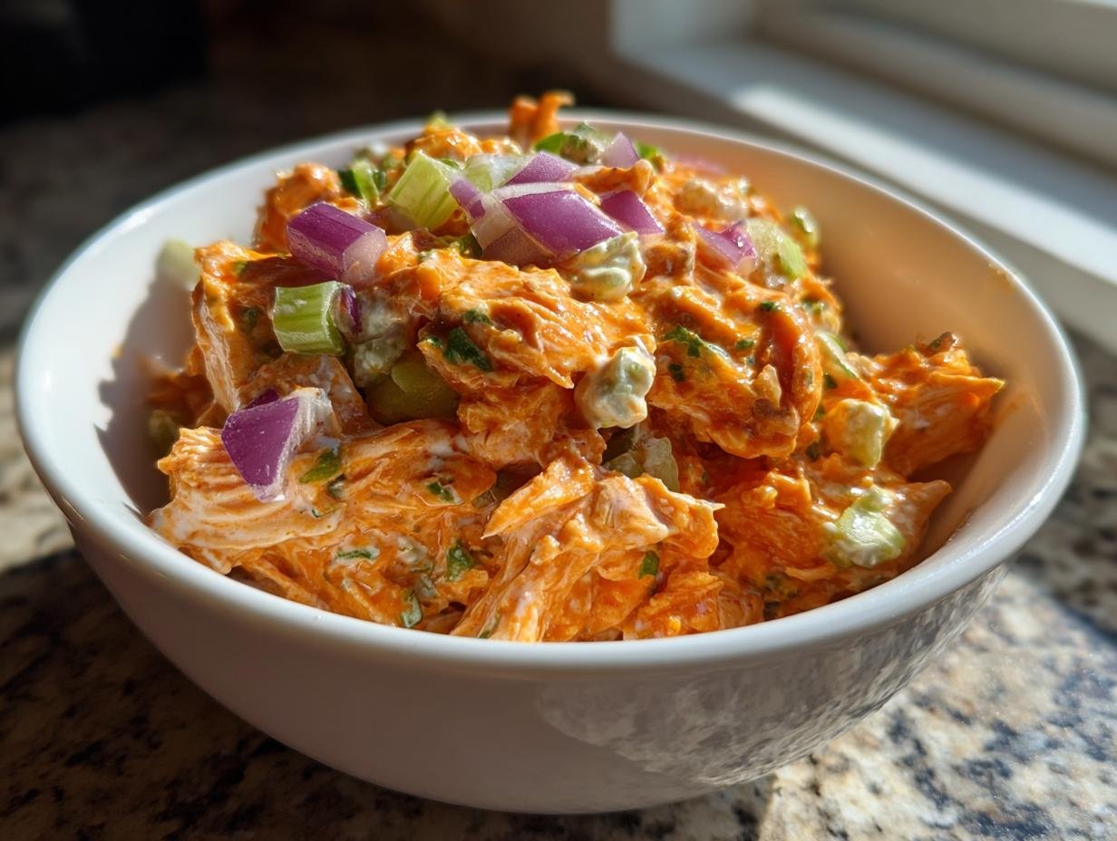 A bowl of Buffalo Chicken Salad topped with red onion and celery, ready to eat.