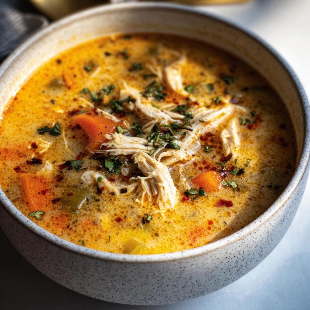 Close-up of a bowl of Cajun Chicken Soup with shredded chicken, carrots, and herbs.