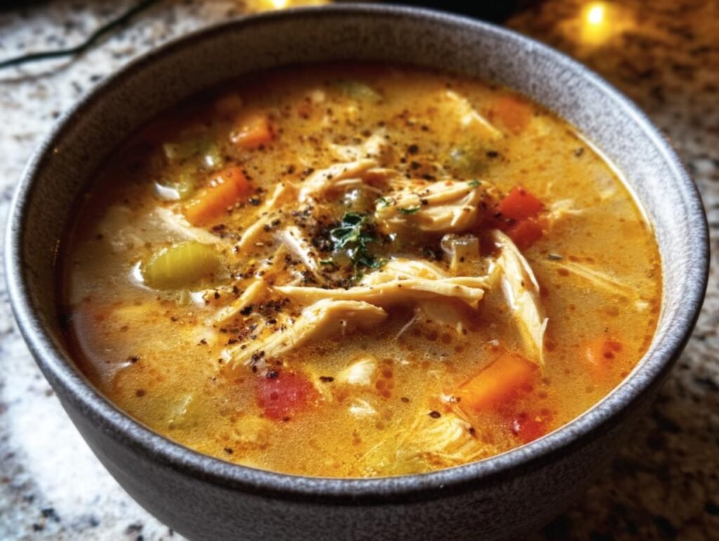 A bowl of Cajun Chicken Soup featuring shredded chicken, carrots, celery, and flavorful broth.