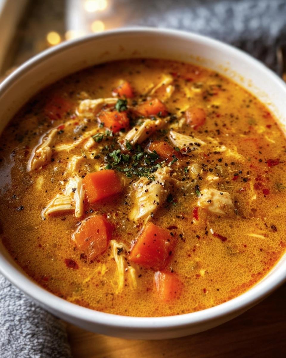A bowl of flavorful Cajun Chicken Soup with chicken, carrots, and herbs.