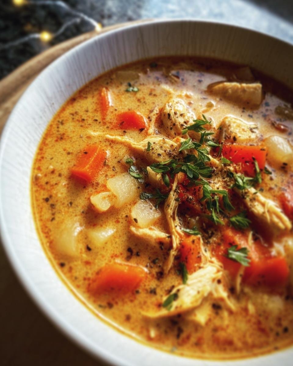 Close-up of a bowl of Cajun Chicken Soup with chicken, carrots, and potatoes, garnished with fresh herbs.