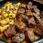 Close-up of Cajun Steak Tips in Sauce served with pasta and garnished with fresh herbs.