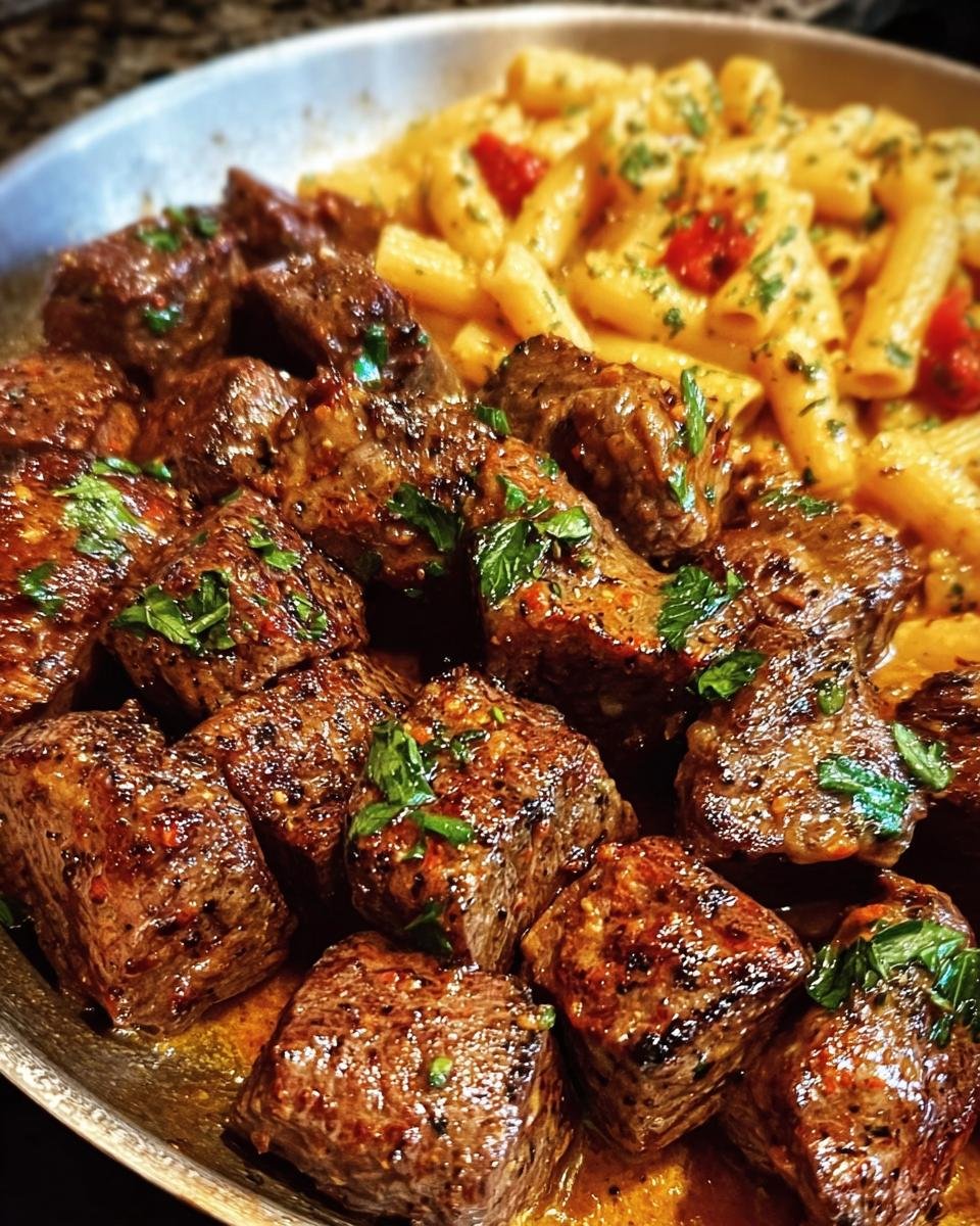 Close-up of Cajun Steak Tips in Sauce served with pasta, garnished with fresh herbs.