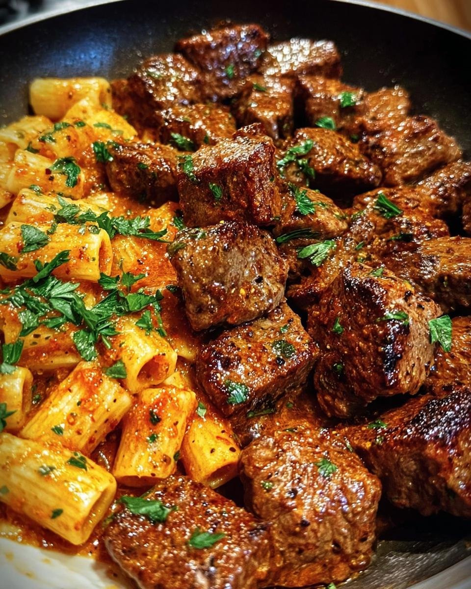 Close-up of Cajun Steak Tips in Sauce served with pasta and garnished with fresh parsley.