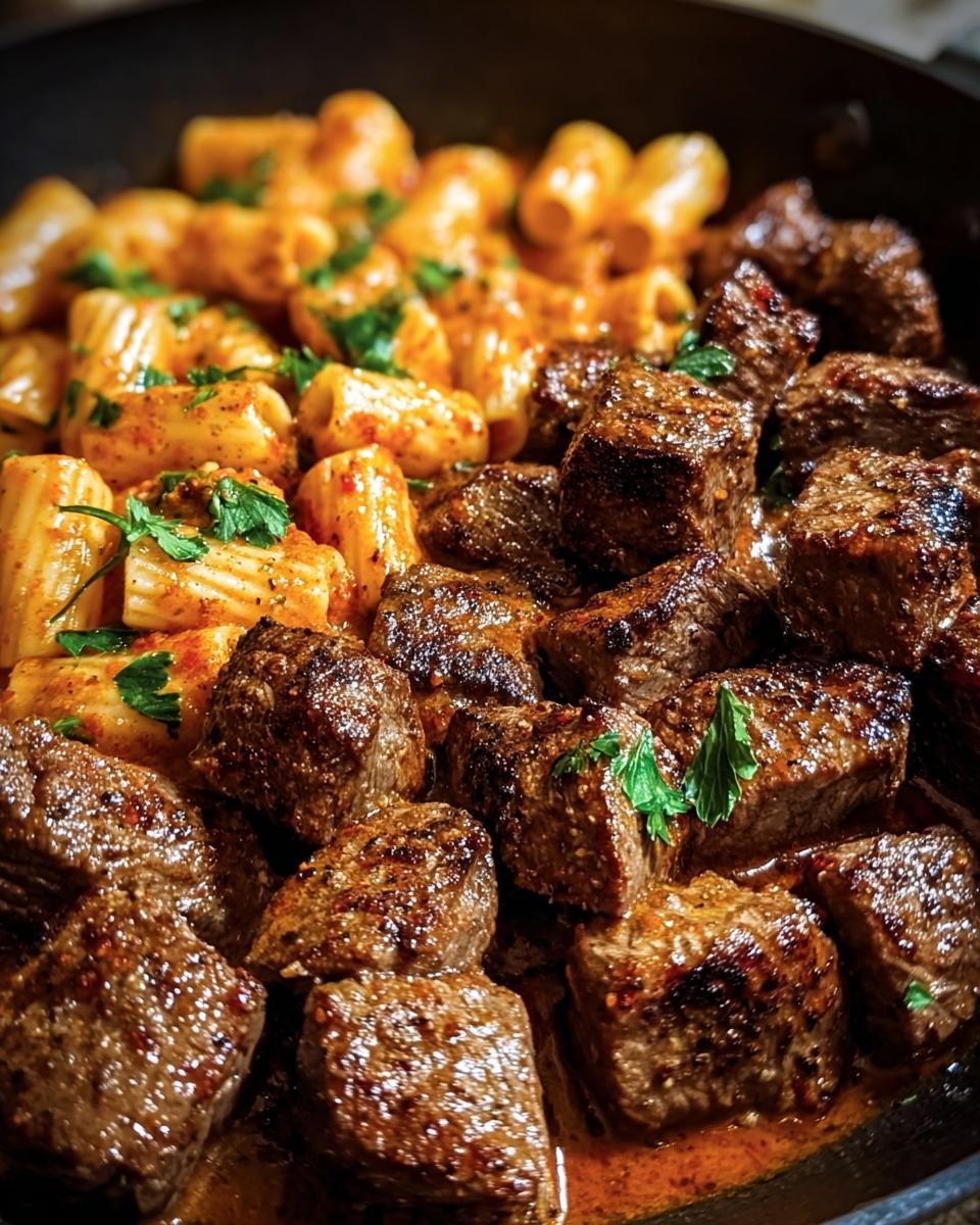 Close-up of Cajun Steak Tips in Sauce served with pasta and garnished with parsley.
