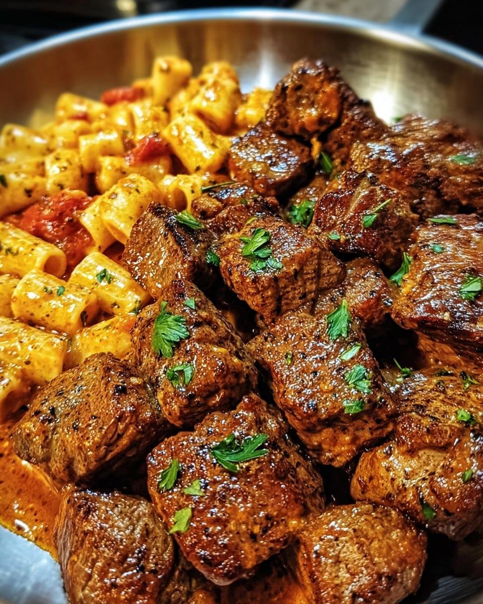 Close-up of Cajun Steak Tips in Sauce served with pasta, garnished with fresh parsley.